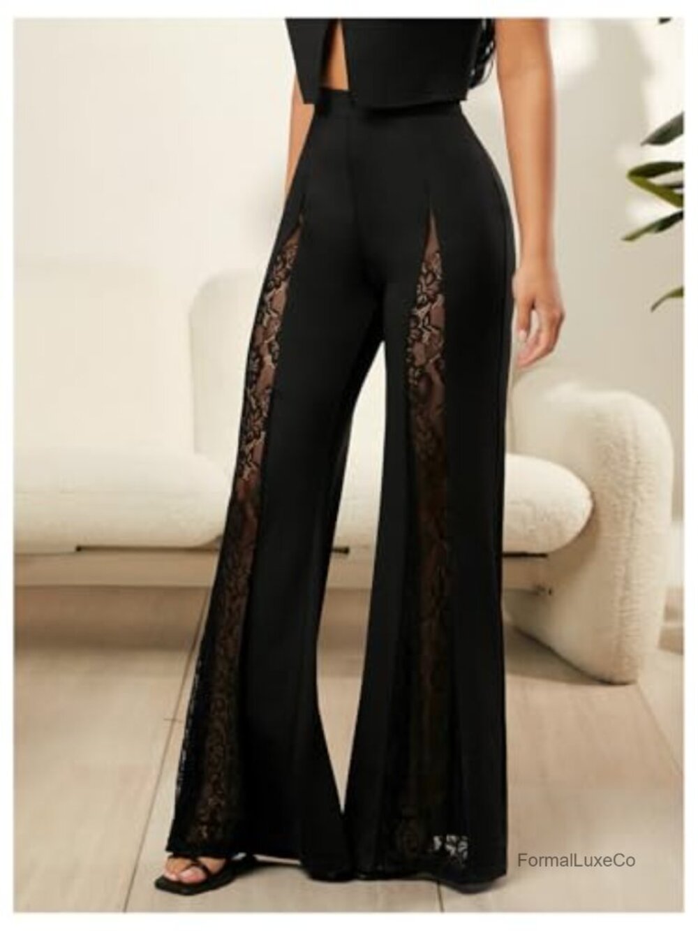 Elegant Floral Lace Bell Bottom Pants High Waist - Picture 2 of 4